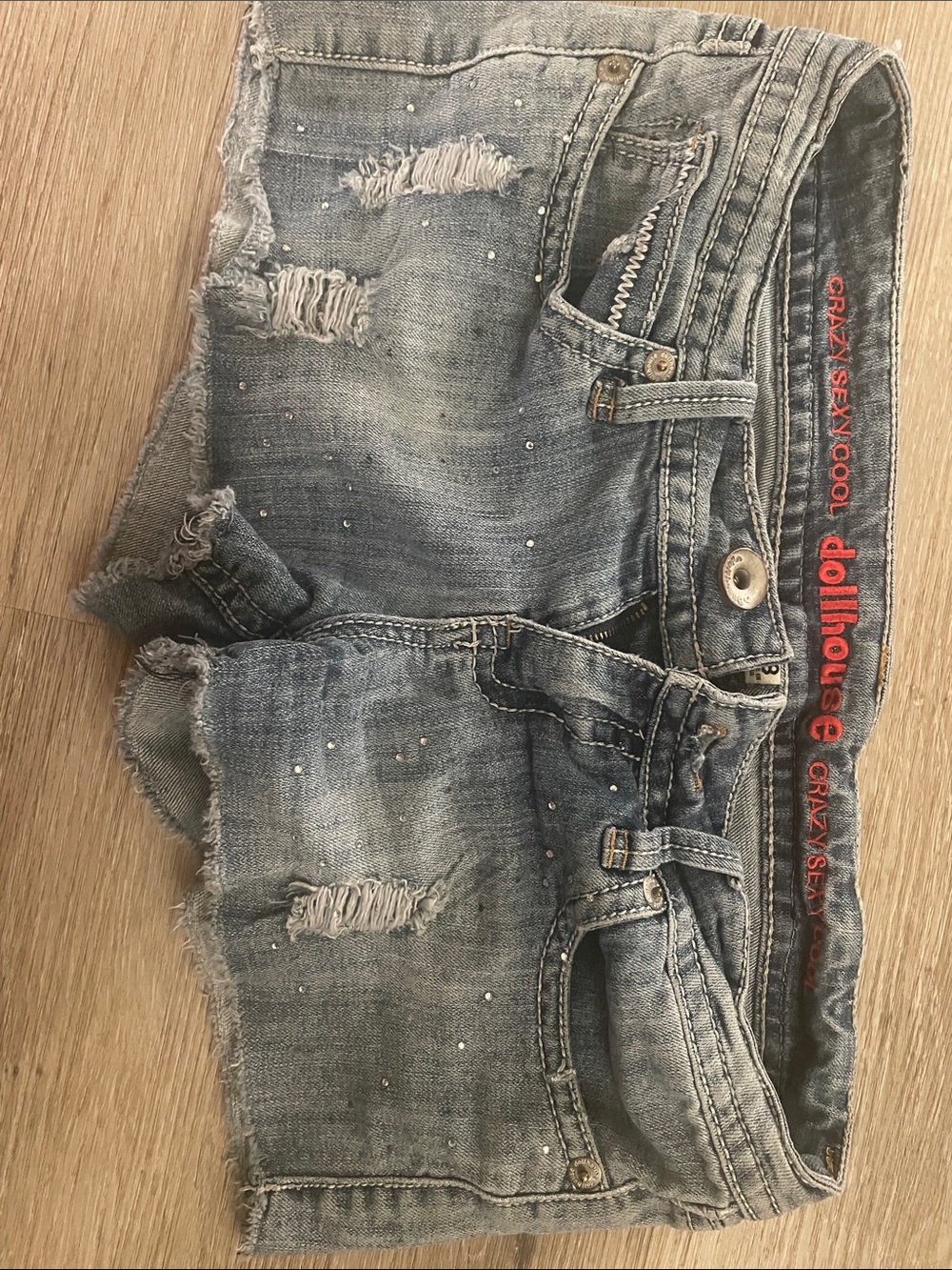 Dollhouse Light Wash Studded Distressed Denim Shorts